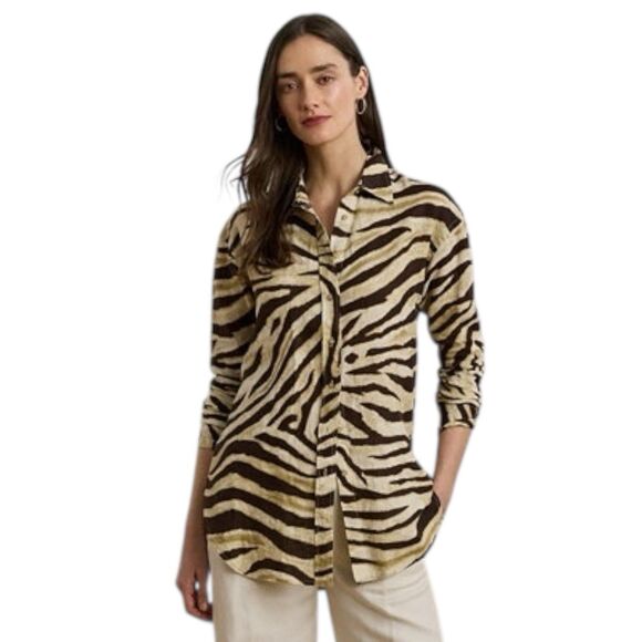 Lauren Ralph Lauren Linen Button Up Shirt Size S Zebra Print Long Sleeve Relaxed - Picture 1 of 11